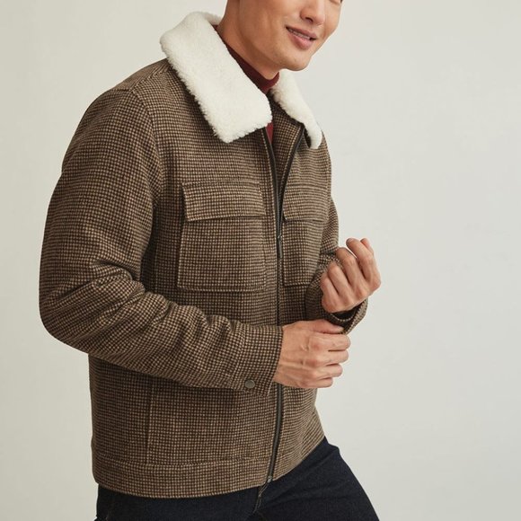 RW&CO Men's Short Houndstooth Wool Jacket With Removable Sherpa Collar - Picture 1 of 4